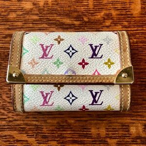 Louis Vuitton White Multicolor Monogram Porte Monnaie Plat Wallet. Used But Good